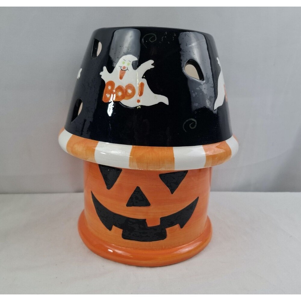 Ceramic Jack O Lantern Pumpkin Candle Holder With Shade Decor Halloween Luminary